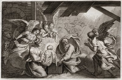 Royaumont Bible, New Testament: The Nativity. Jesus Christ was born from the Blessed Virgin Mary in a stable in Bethleem. Illustration from 1811. av Unknown artist