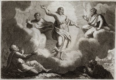 Royaumont Bibelen, Det nye testamente: Jesu Kristi forvandling. Kristus omgir Moses og Elia med under apostelen Johannes, Peter og Jakob. Illustrasjon fra 1811. av Unknown artist