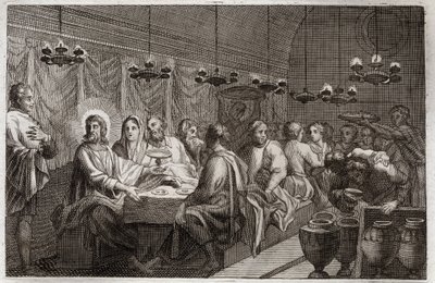 Royaumont Bibelen, Det nye testamente: Bryllupet i Kana. Jesu Kristi første mirakel som forandret vann til vin. Illustrasjon fra 1811. av Unknown artist