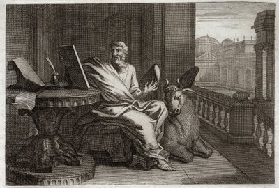 Royaumont Bibelen, Det nye testamente: Evangelisten Saint Luke med oksen. Illustrasjon fra 1811. av Unknown artist