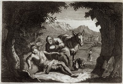 Royaumont Bibelen, Det nye testamente: Lignelsen om den barmhjertige samaritan. Samaritanen stoppet på vei for å redde mannen i nød. Illustrasjon fra 1811. av Unknown artist