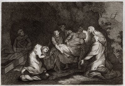 Royaumont Bible, New Testament: Tomb. Sepulchre of Jesus Christ. Among the characters surrounding the body of Jesus Christ: the Virgin Mary, Saint Nicodema, Saint Joseph of Arimathia, Saint John the Evangelist and Saint Mary Magdalene. Illustration from 18 av Unknown artist