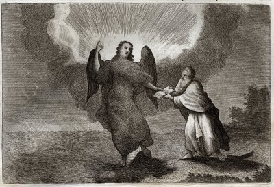 Royaumont Bible, New Testament: Vision of Saint John. Vision of the Angel with an Open Book gives Saint John to devour him. Illustration from 1811. av Unknown artist