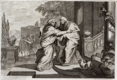 Royaumont Bible, New Testament: Visitation. The Blessed Virgin Mary will visit her cousin Elisabeth. Illustration from 1811. av Unknown artist