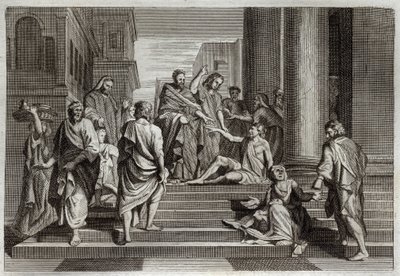 Royaumont Bible, New Testament: War of the lame. Saint Peter, accompanied by Saint John, miraculously warried a lame man in Jerusalem. Illustration from 1811. av Unknown artist