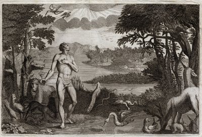 Royaumont Bible, Old Testament: Creation of Man and Woman. God who created man, puts him in the earthly Paradise, and forbid him to eat of the fruit of the tree of the knowledge of good and evil. Illustration from 1811. av Unknown artist