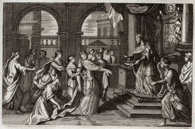 Royaumont Bibelen, Det gamle testamente: Ester vil presentere seg for kong Xerxes I (Assuerus I), med den hensikt å redde sitt folk fra døden som truet ham. Illustrasjon fra 1811. av Unknown artist