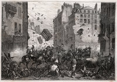 Rue Saint-Antoine under Trois-Glorieuses (juli 1830) - Revolusjon av 1830-barrikadekampene på Rue Saint-Antoine (Saint Antoine) i 1830 av Unknown artist
