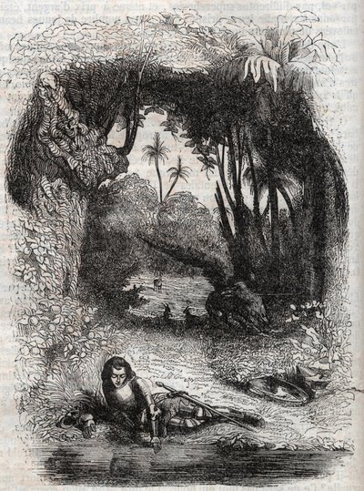 Ruggiero on the island of Alcina, - 1851 engraving from the poem Orlando furioso (1516) by Ludovico Ariosto, - Edition translated from Italian by the Count of Tressan and published by Gustave Harvard 1851 av Unknown artist