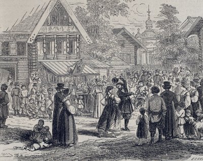 Russland (1800-tallet). Fest i en landsby. 1879 (gravering) av Unknown artist