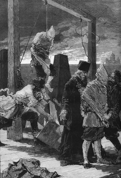 Russia, St. Petersburg: execution of the two nihilists Kviatkovsky and Presniakoff in 16/11/1880 in the Saint John raveline of the Fortress of Saints Peter and Paul. They were the perpetrators of the attack on the Winter Palace in 1879. av Unknown artist