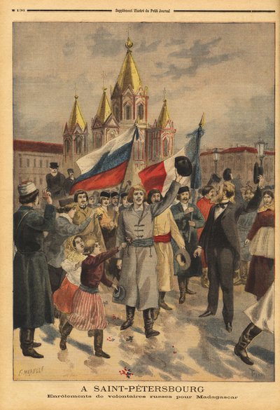 Russiske frivillige i St. Petersburg for den franske ekspedisjonen fra Madagaskar. Gravering i "" Le petit journal"" 28.04.1895. Selvas samling. av Unknown artist