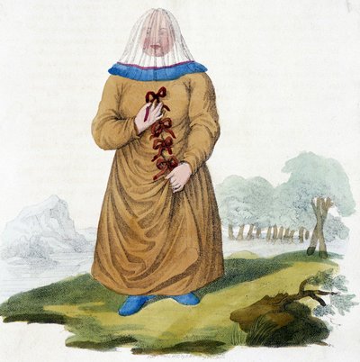 Russisk kvinne av en Ostiak-stamme i tradisjonell drakt (Khanty eller Khante: Paleosibiriske jegere, etablert i skogsområdet i den midtre Ob-dalen). av Unknown artist