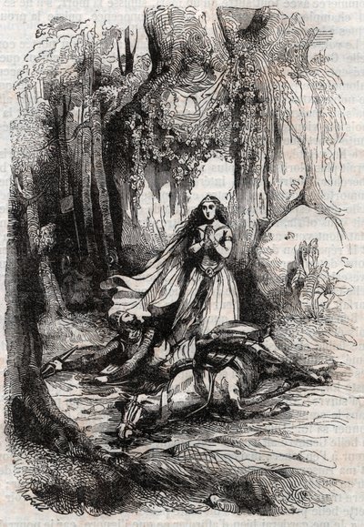 Sacripant (Sacrificer) desarconne i nærvær av Angelica (Angelica) - gravering av 1851 fra "" Roland furieux"" (1500-tallet) av Ludovico Ariosto, kjent som Ariosta - Utgave oversatt fra italiensk av greven av Tressan og p. av Unknown artist