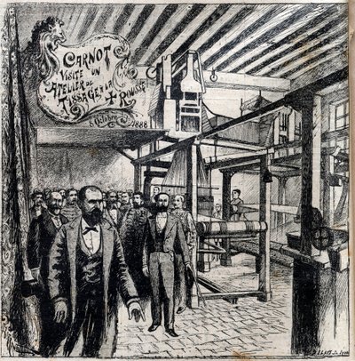 Sadi Carnot (1837-1894) visits a workshop in Canut, October 8 av Unknown artist