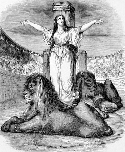 Saint Blandine, ung kristen slave, martyrdøden i løveringen i Lyon i 177, gravering av Unknown artist
