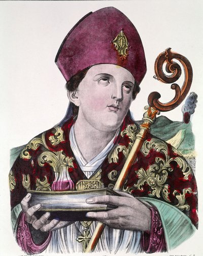 Saint Gennaro eller Saint Janvier, skytshelgen for byen Napoli, holder i hendene ampullen som inneholder blodet hans. Farget populært trykk fra 1800-tallet. av Unknown artist