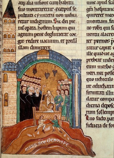 Saint Hugues de Cluny (1024-1109), Abbe av Cluny, redder en død mann i Paris. Miniatyr hentet fra en historisk og liturgisk samling av Unknown artist