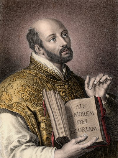 Portrett av den hellige Ignatius av Loyola (1491-1556), spansk teolog, med en bok med det latinske mottoet til Jesu samfunn "" Ad maiorem Dei gloriam""" (For Guds større ære) Ignatius eller Saint Ignatius av Unknown artist