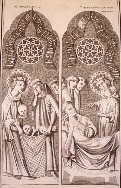 Saint Louis plukker opp bein og gir spedalske mat av Unknown artist