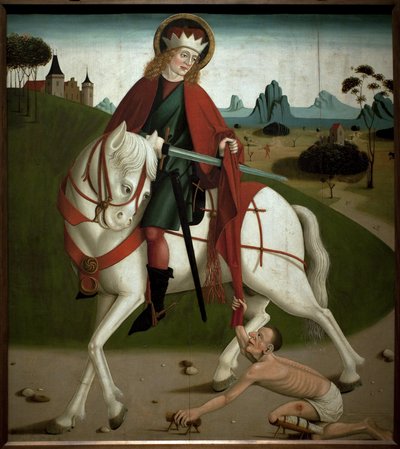 Saint Martin og tiggeren. Han klippet frakken for å gi den til en tigger. anonymt maleri, rundt 1490. Magyar Nemzeti Galleria, Budapest, Ungarn. av Unknown artist