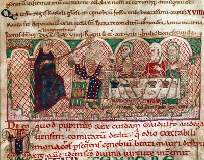 Saint Maur (512-584) grunnlegger av klosteret Flanfeuil (Saint Maur) i Anjou blir mottatt ved bordet til Gaidulfe av Ravenna, forfølger av munkene og straffer ham Miniature from Life and Miracles of Saint Maur” (ms 2273) 1100-1140 Kommunebibliotek av Unknown artist