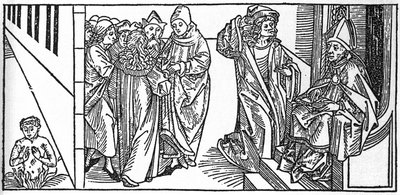 Saint Severin. Gravering fra "Lives of the Saints - Summer part" (The Book of the Saint) av Jacobus (James) av Voragine (1228-1298). Lübeck 1488. av Unknown artist