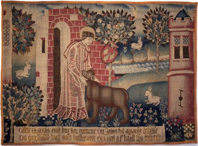 Den hellige Vaast og bjørnen. Saint Vaast, Saint Vedast eller Saint Gaston (døde i 540, eveque og skytshelgen for Arras og bispedømmet hans) temmer dyret på bredden av elven Crinchon. Tapet, andre halvdel av 1400-tallet. Museum of Fine Arts i Arras av Unknown artist