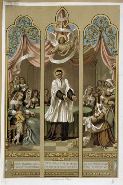 Saint Vincent de Paul etablerte arbeidet til Enfants Found - i henhold til glassmalerier 18. (?). av Unknown artist