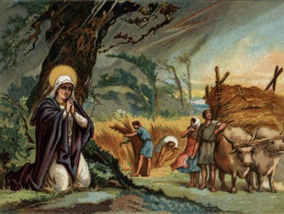 Sainte Genevieve (422-502), skytshelgen for Paris bevarer høstingen av stormen i meaux.Chromolithography rundt 1890. av Unknown artist