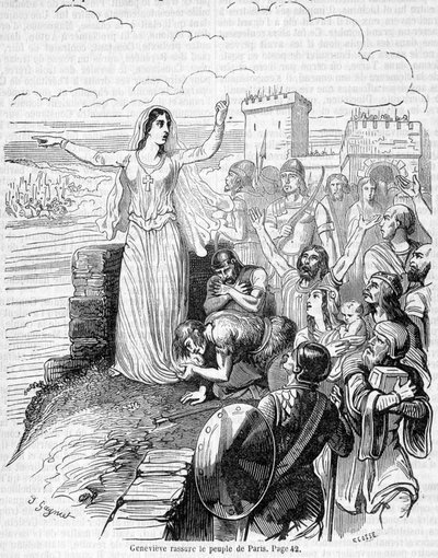 Sainte Geneviève, organiserer forsvaret av Paris mot hordene av Attila og beroliger folket i Paris - i "Histoire de France"" av Anquetil av Unknown artist