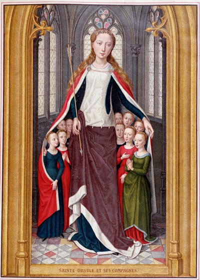 Sainte Ursula huser følgesvennene sine under pelsen, etter jakten på Saint Ursula, Brugge, Memling av Unknown artist