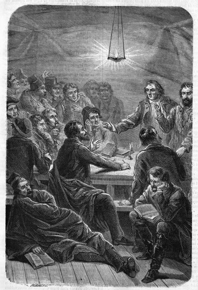 Sale (Reunion) of Carbonari. (Charbonnerie or Carboneria, early 19th century).Engraving of 1864. av Unknown artist