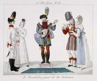 Saltimbanks: Trubaduren spiller seks instrumenter - i "" Le bon sjangeren"", deb. 1800-tallet av Unknown artist