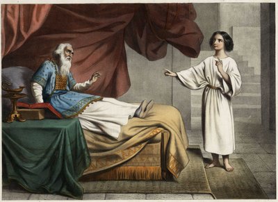 Samuel, som hører stemmen til Herren som kaller ham midt på natten, tror at dette er hans mentor ypperstepresten Eli (Heli). Anonym gravering fra midten av 1800-tallet. av Unknown artist