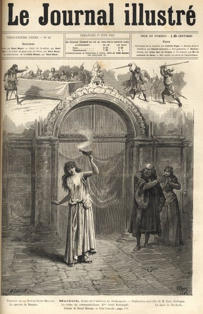 Sarah Bernhardt: Lady Macbeth i "" Macbeth"", drama av Shakespeare, tilpasset av Jean Richepin - Theatre de la porte Saint-Martin - gravering i "Le journal illustrious"" fra 1884 av Unknown artist