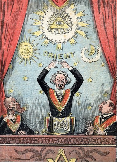 Satirisk fremstilling av en frimurerlosje, stormesteren omgitt av frimurersymboler som røres voldsomt i losjen sin. Karikatur fra «Le pelerin» 23.06.1912 Privat samling. av Unknown Artist