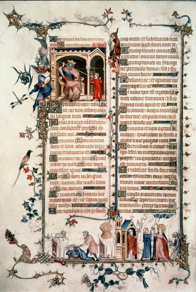 Saul truer David, Kain dreper Abel, Allegorier om eukaristien og nestekjærlighet. Breviary of Belleville. 1323-1326. Ms. Lat. 10483 fol.24v. - Jean Maid. Belleville Breviary av Unknown artist