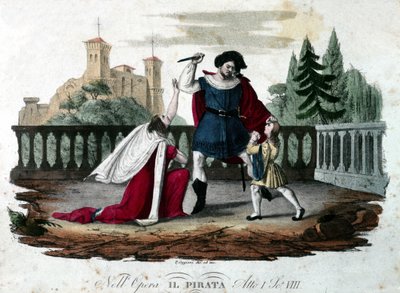 Scene 8 i akt V av "" Il pirata"" (The Pirate) av Vincenzo Bellini. Coloree gravering fra 1827. Første forestilling på teatro alla Scala. av Unknown artist