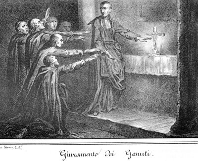 Scene som viser jesuiter som avlegger ed. Gravering fra slutten av 1800-tallet. av Unknown artist