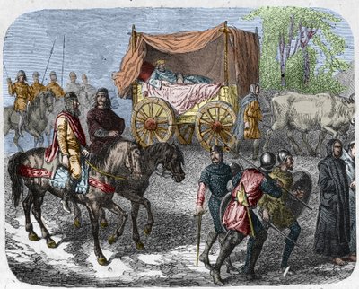 Scene som skildrer de late kongene: Kongen av Frankrike Thierry III (673-691) bærer i en tank med en seng trukket av okser. av Unknown artist