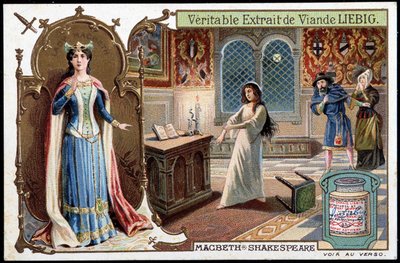 Scene av "" Macbeth" av Shakespeare - chromo., sent på 1800-tallet av Unknown artist