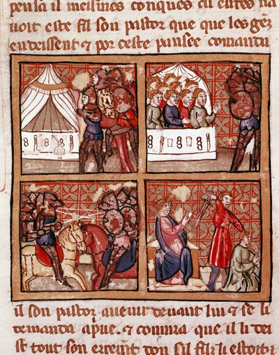 Scene for konfrontasjon mellom to fiendtlige leire, en henrettelse nederst til høyre. Side av et manuskript fra 1300-tallet Biblioteca Marciana Venezia av Unknown artist