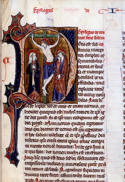 Korsfestelsesscene i et brevhode (bokstav D). Minityr i "" Speculum historiale"" av Vincent De Beauvais (1100-tallet) av Unknown artist
