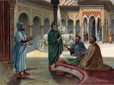 Scener of Disappeared Kingdoms: Moorish Council (maurisk, navn gitt til arabere som okkuperte en del av Spania) i Alhambra-palasset i Granada. Granada er den siste mauriske staten, ferdigstilt i 1482. Kromolitografi fra 1800-tallet. av Unknown artist