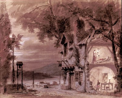 Scenografi av Philippe Chaperon for operaen "" Rigoletto"" av den italienske komponisten Giuseppe Verdi (1813-1901) for forestillingen på Paris Opera av Unknown artist