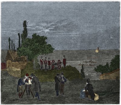 Vitenskapelig eksperiment: beregningen av lydens hastighet, av Humboldt, Louis-Joseph Gay-Lussac (Louis Joseph Gay Lussac), Bouvard, Prony og Mathieu, som bestemmer tiden som går mellom oppfattelsen av lys og det til et våpenskudd, på natten av Unknown artist