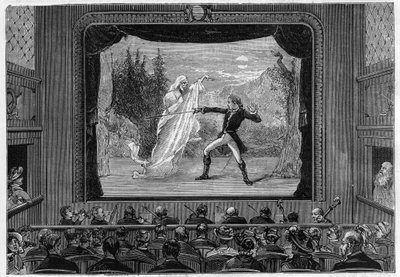 Vitenskapelige viser: levende spektre. Opplev spektra på teaterscenen. En komiker kjemper mot et spøkelse. Gravering i "" La Nature"" av Unknown artist