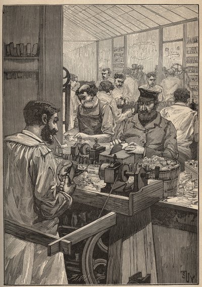 Sea Sequim: produksjon av sjøsequim-rør. Gravering fra 1885 i "" Les arts et metiers illustres"" av Adolphe BITARD. av Unknown artist