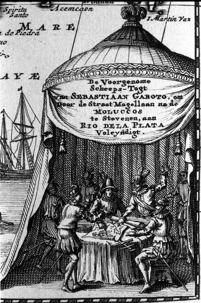 Sebastiano Caboto (Sebastien Cabot) representerer på patronen til et navigasjonskart med andre navigatører. Begynnelsen av 1600-tallet. av Unknown artist